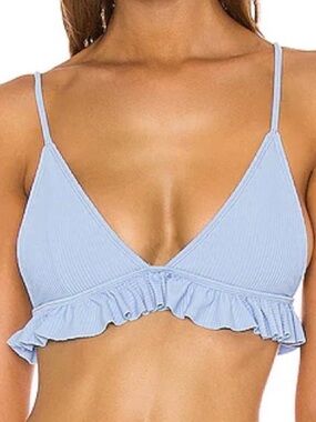 Tularosa Pale Blue Ribbed Triangle Bikini Top with Ruffle Trim